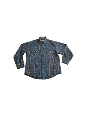 Vtg Sears Roebuck Flannel Shirt Men L Blue Plaid Wool Blend Single Needle Rugged